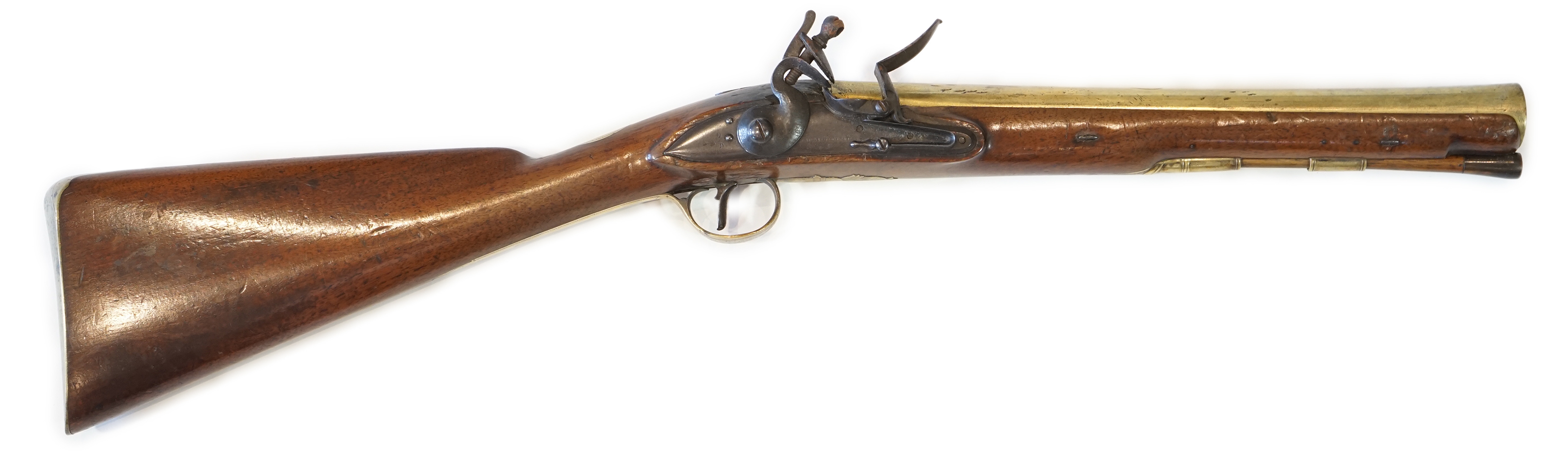 An English brass barrel flintlock blunderbuss by H W Mortimer, late 18th century